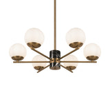 The Marble 6 Light Chandelier - Brass features a black cylindrical base with a brass frame and five radial opal glass globes.