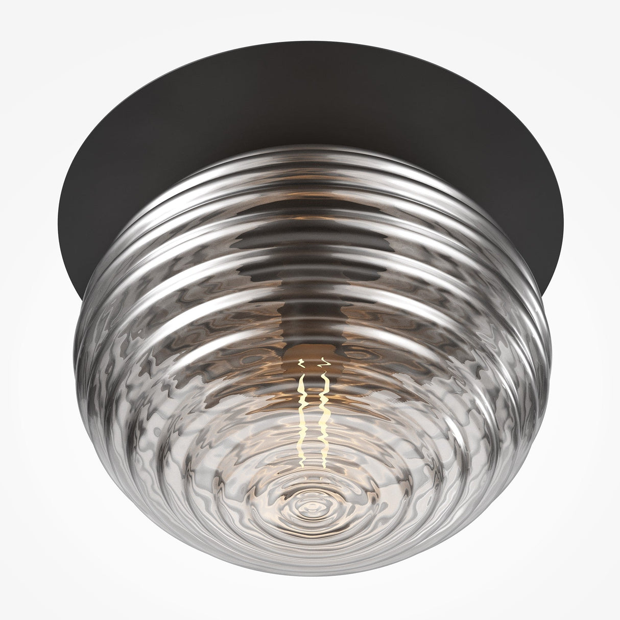 The Reels Ceiling Light features a ribbed smoked glass dome that emits a warm glow. This contemporary black ceiling fixture is mounted on a sleek base.