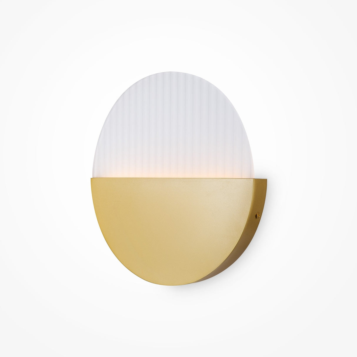 The Jupiter LED Wall Light 6W 3000K boasts a half-circle design with a brass and metallic gold lower half, paired with frosted, vertically lined white glass on top. Mounted on a plain white wall, it emits ambient lighting and adds elegance to any room.