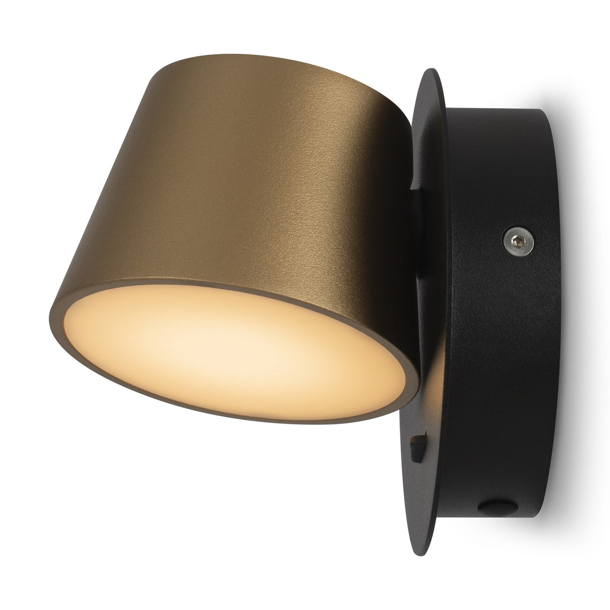 The Pixel LED Wall Light - Black & Brass features a cylindrical, matte bronze shade on a black circular base, with adjustable lighting that softly glows to highlight its simple and elegant design.