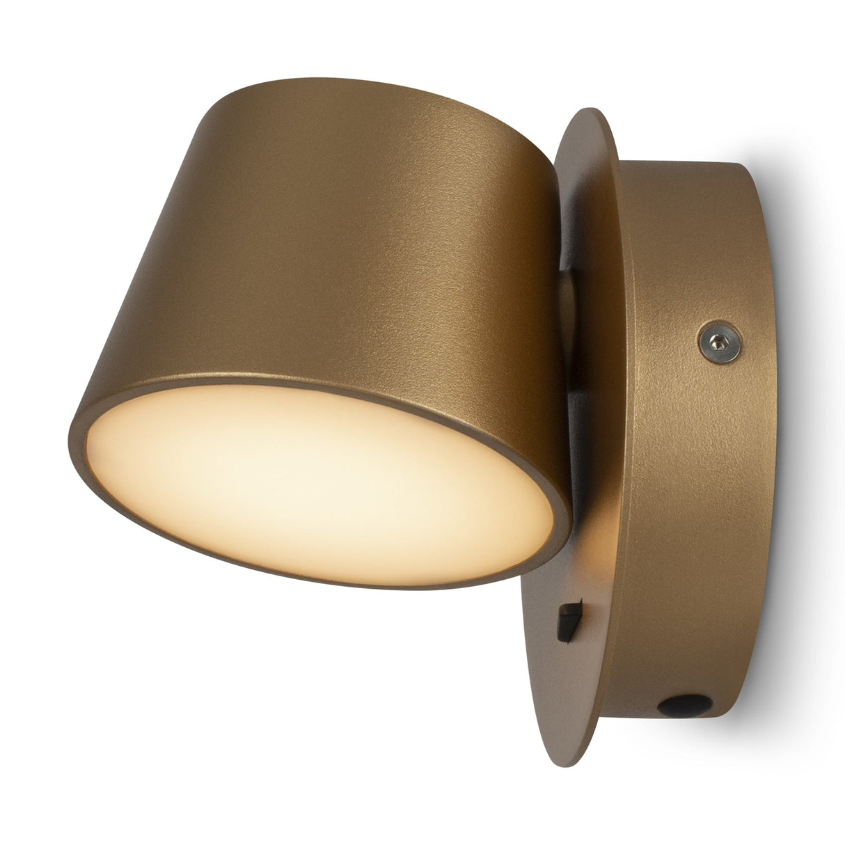 The Pixel LED Wall Light - Brass features a modern, minimalist design with a matte brass finish. Its cylindrical fixture emits a warm glow while attached to a round base, offering an energy-efficient blend of style and functionality.