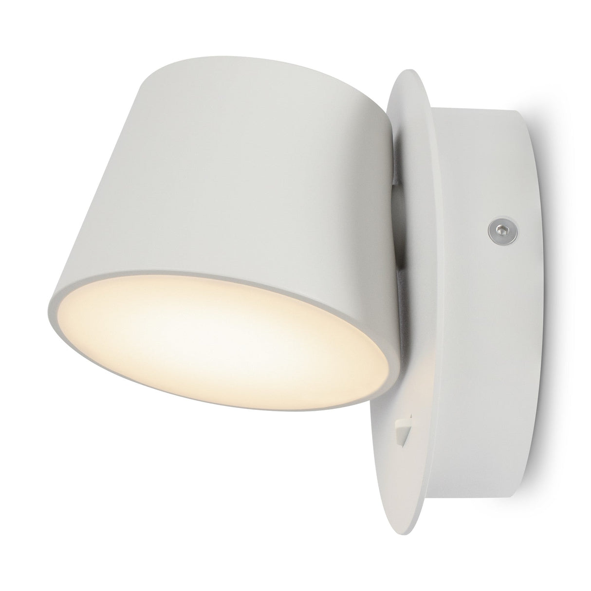 The Pixel LED Wall Light - White is a modern, cylindrical wall-mounted sconce that emits energy-efficient light from its open end, attached to a round base. Its angled slightly downward for perfect task lighting on a plain white background.