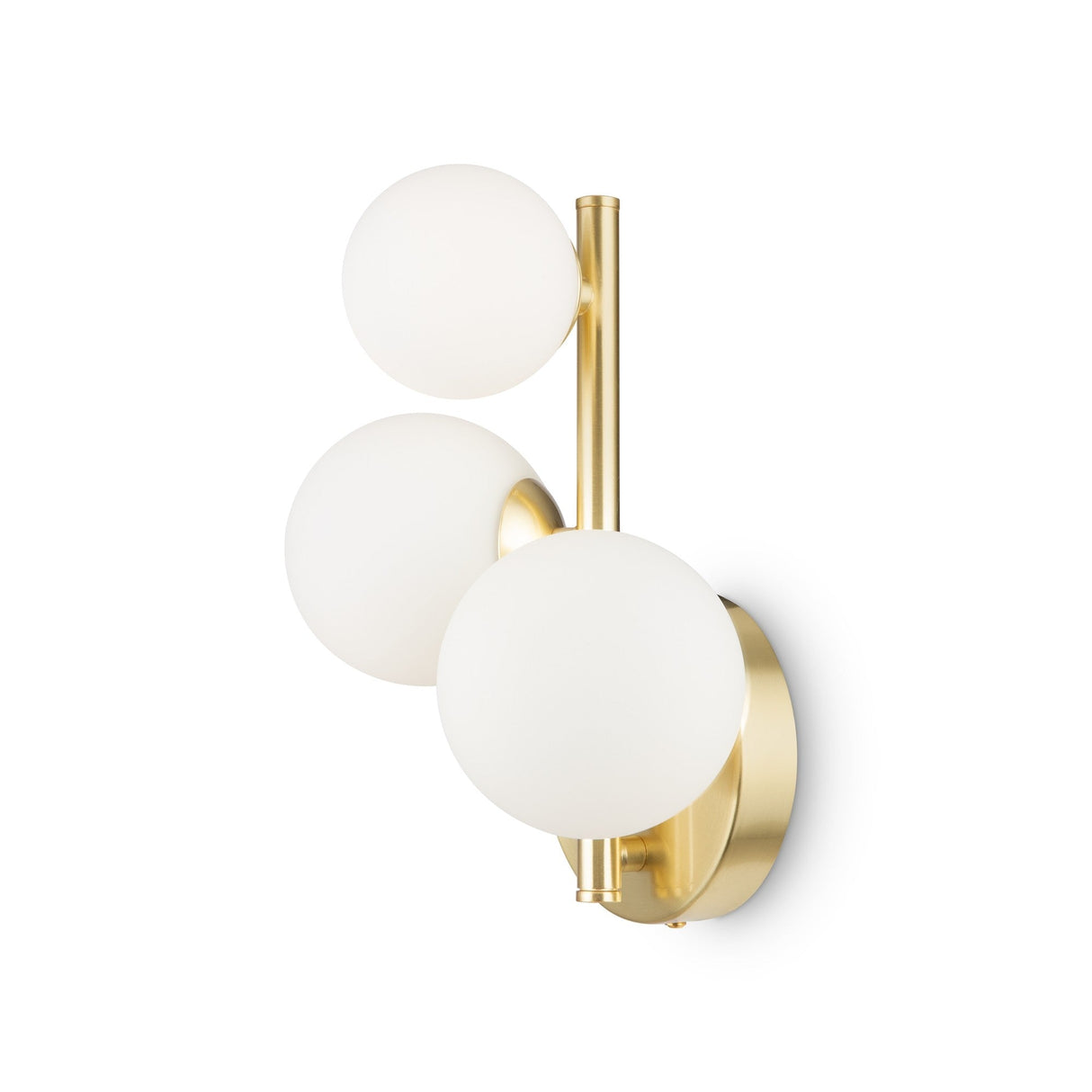 The Dallas 3 Light Wall Light - Brass With White Opal Glass features a brass finish with three opal glass globes at different heights. These globes are attached to a vertical rod, providing a modern look, and its circular base adds both stability and style.