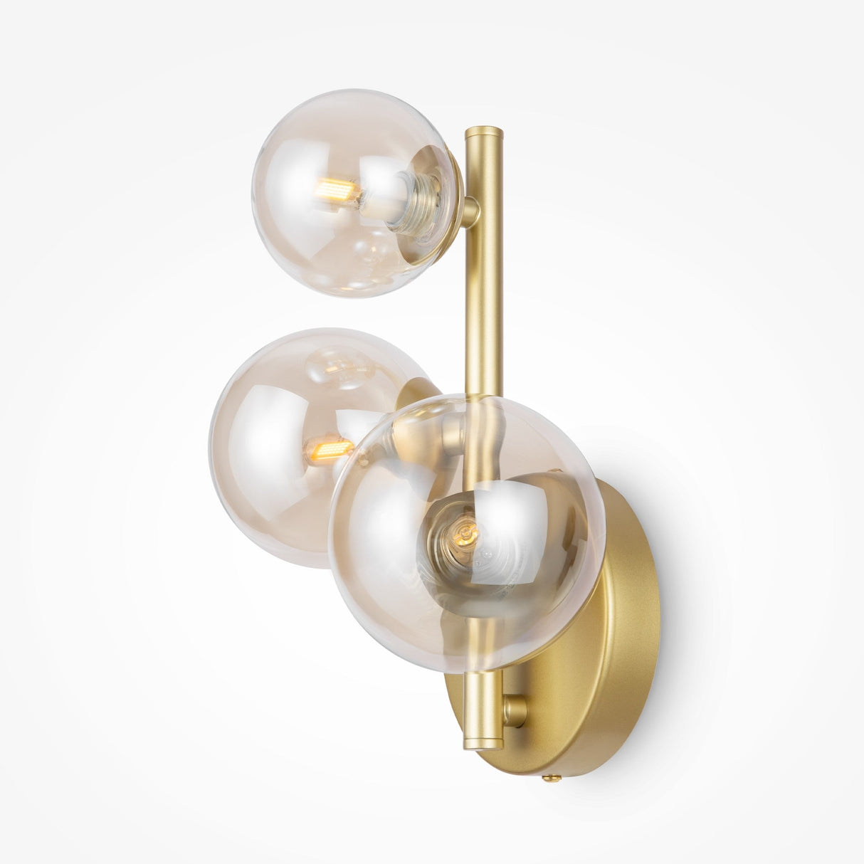 The Dallas 3 Light Wall Light has a gold base and amber mirrored glass globes, mounted on a circular gold backing, creating an elegant, contemporary look that transforms any space into a sophisticated setting.