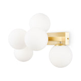 The Dallas 5 Light Wall Light - Brass with White Opal Glass includes a sleek brass base and five opal globes, arranged in a cluster for soft ambient light, perfect for contemporary spaces.