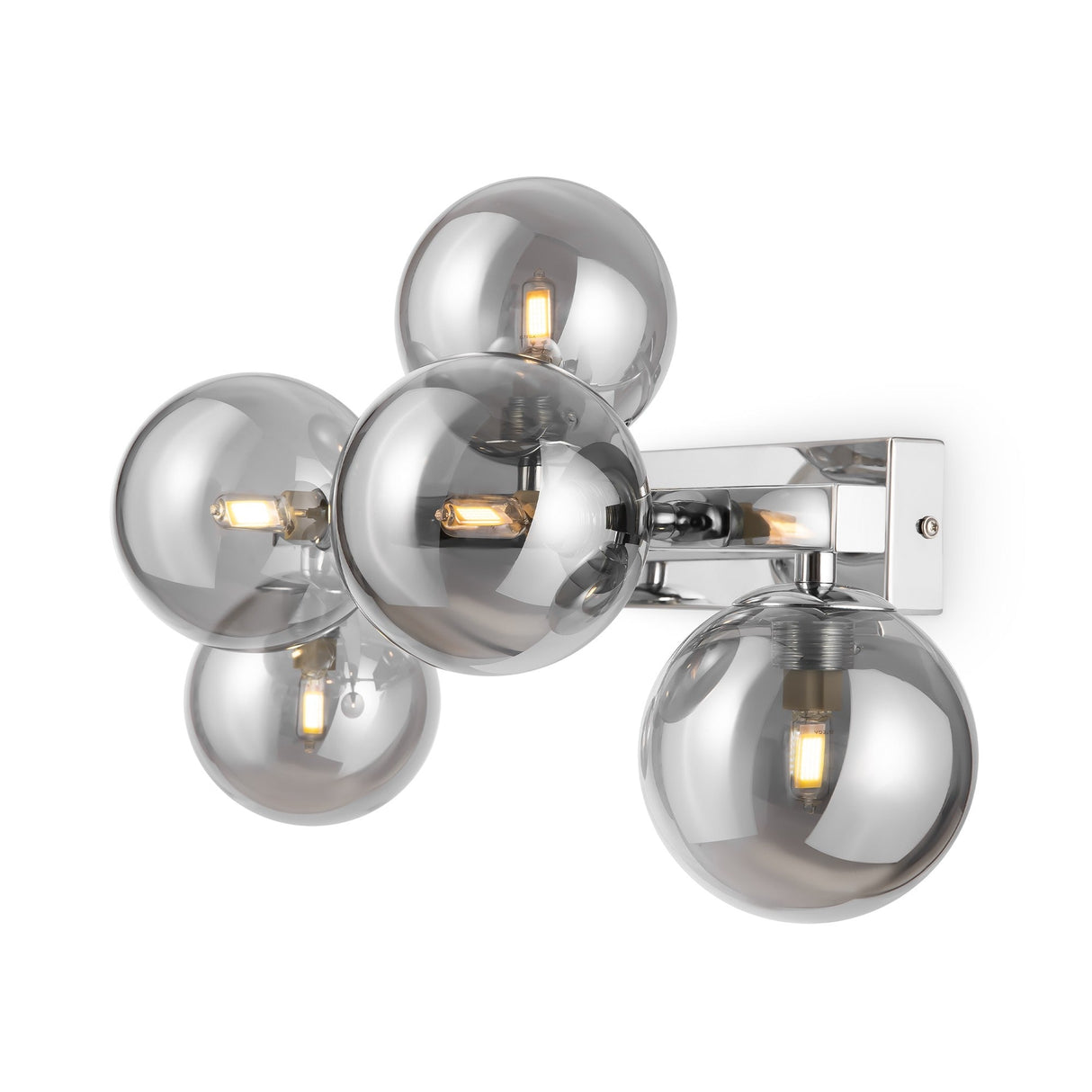 The Dallas 5 Light Wall Light in chrome features five smoked mirrored glass globes with visible bulbs, elegantly clustered on a sleek base.