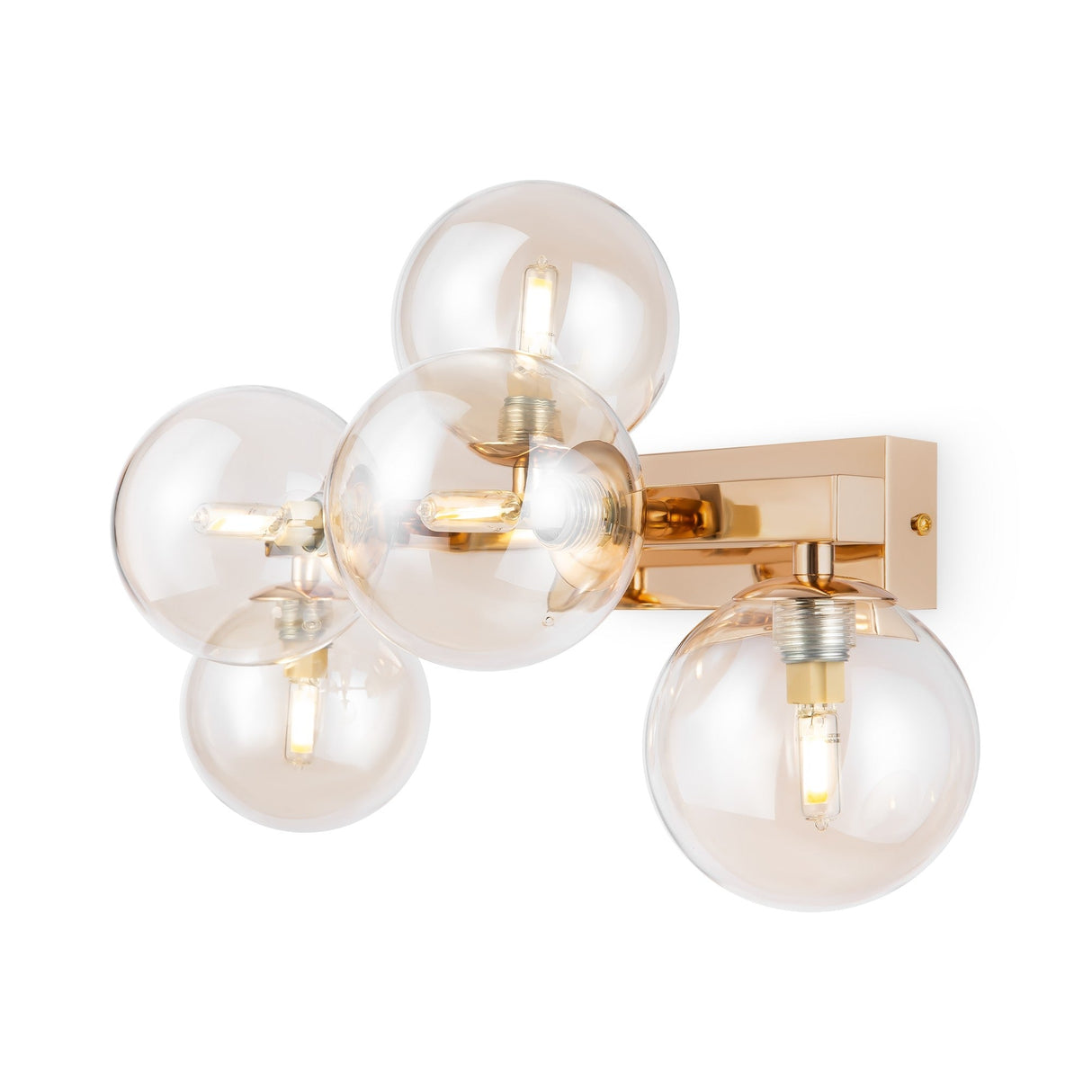 The Dallas 5 Light Wall Light features a sleek gold fixture adorned with five amber mirrored glass globes, each showcasing a visible bulb for a contemporary and sophisticated look.