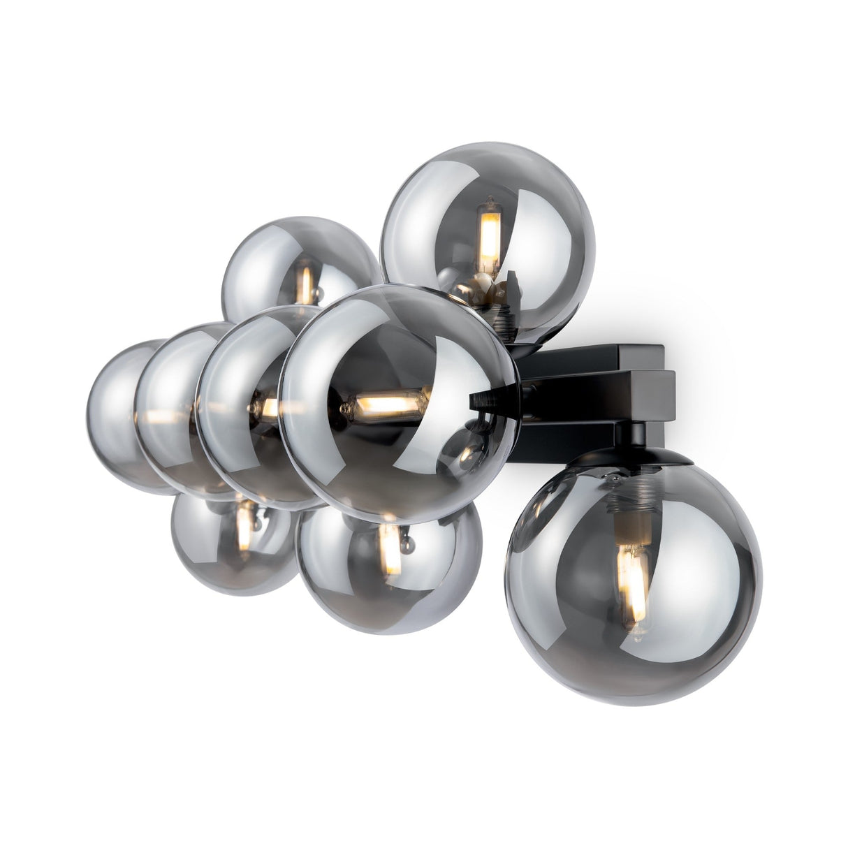 Introducing the Dallas 9 Light Wall Light - Black With Smoked Mirrored Glass: a modern fixture with metallic spherical bulbs and visible filaments, elegantly set on a sleek black base, perfect for enhancing any room.