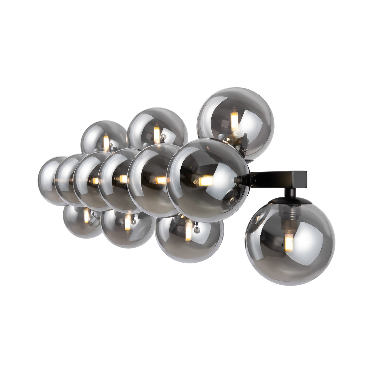 The Dallas 13 Light Wall Light - Black With Smoked Mirrored Glass features twelve horizontally staggered smoked mirrored glass spheres with internal lights on a sleek black metal base, embodying the essence of contemporary industrial design.