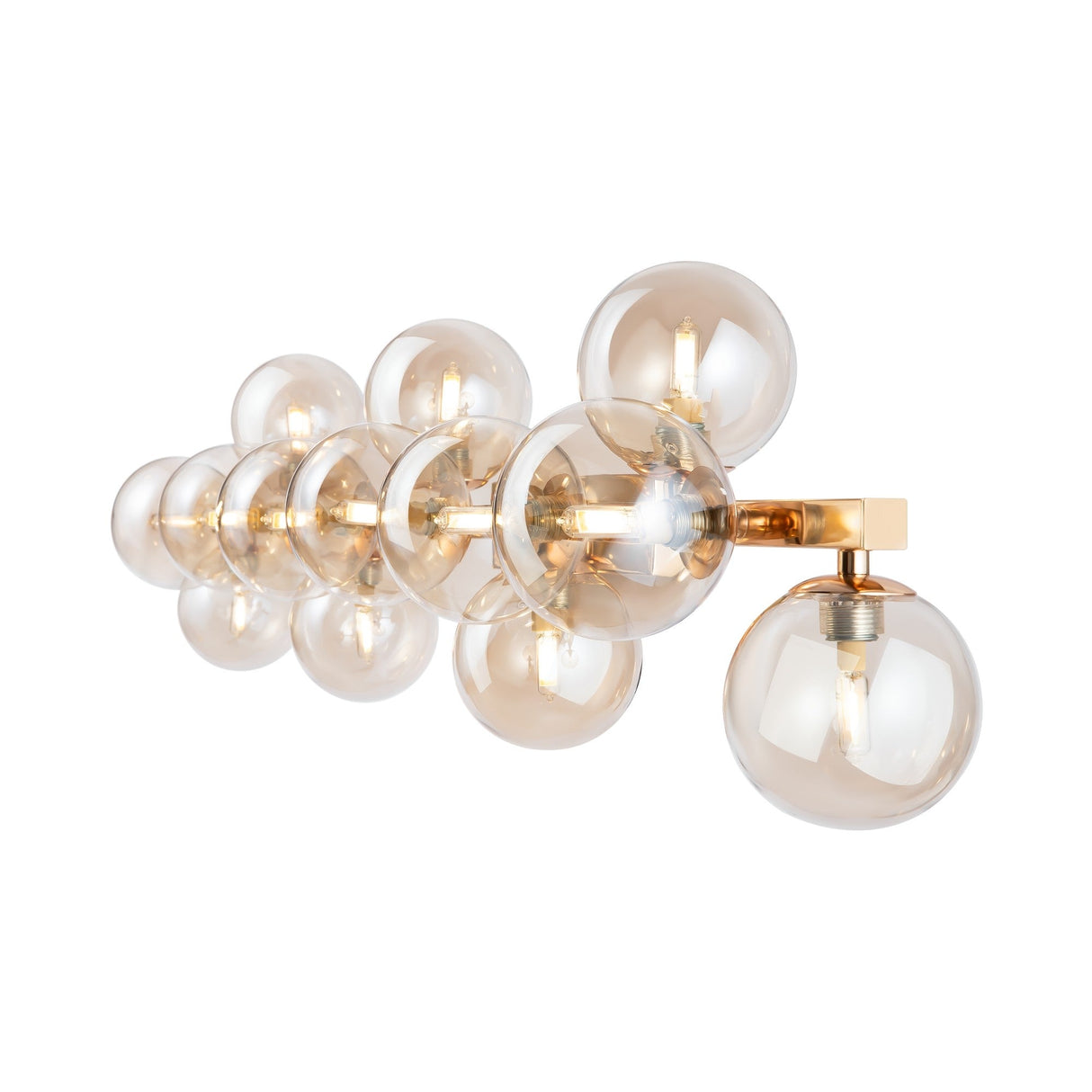 The Dallas 13 Light Wall Light features a gold frame with amber mirrored glass globes cascading elegantly, enhancing its modern aesthetic.