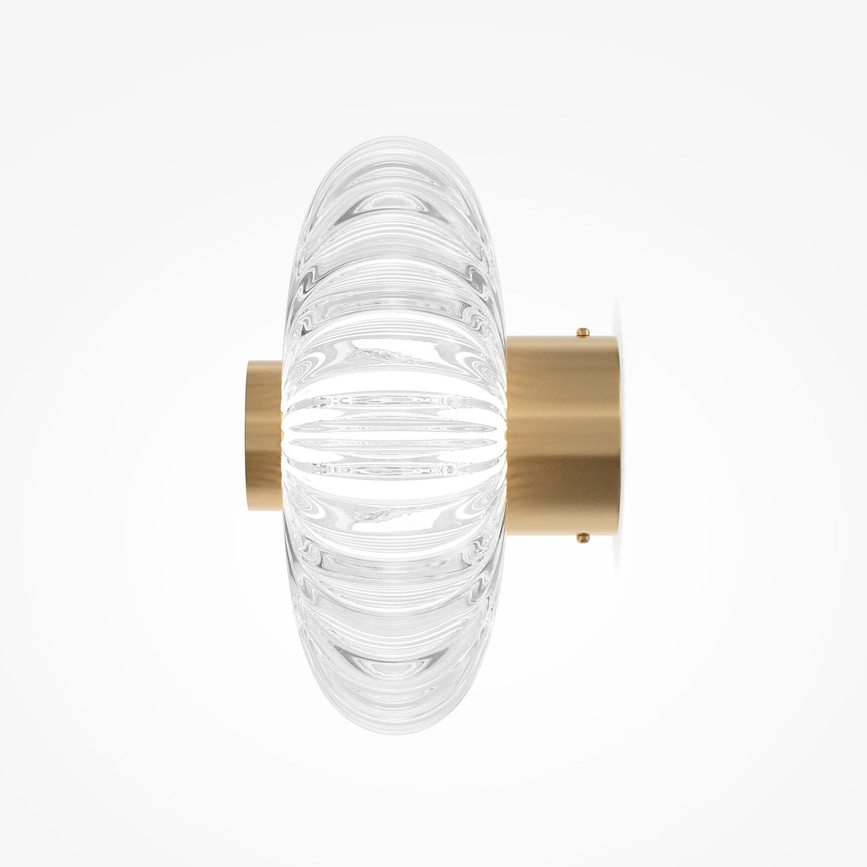 The Amulet LED Round Wall Light features a circular ribbed glass shade and a matte gold cylindrical base, emitting a warm glow that beautifully highlights its textured design.