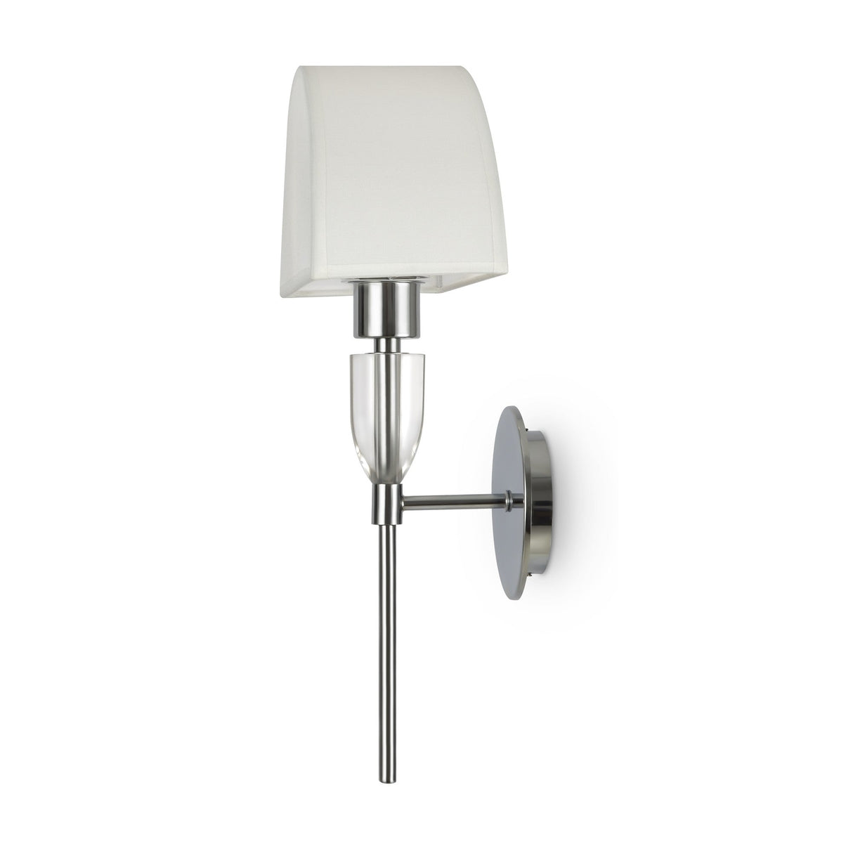 The Prima Wall Light is a Bauhaus-inspired wall-mounted sconce in chrome, featuring a clear cylindrical glass holder and a rectangular white lampshade.