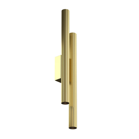 Maytoni Calipso LED wall light with two ribbed cylindrical tubes in brass finish on a square backplate, shown against a plain white background.