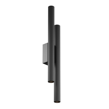 Maytoni Calipso Column LED wall light in black, featuring two fluted aluminium cylinders of differing heights on a rectangular backplate.