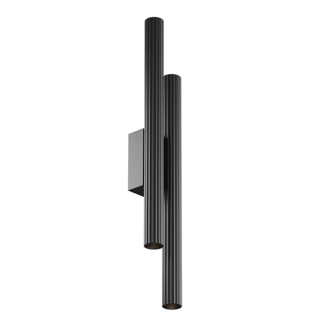 Maytoni Calipso Column LED wall light in black, featuring two fluted aluminium cylinders of differing heights on a rectangular backplate.