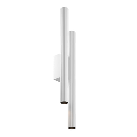 Maytoni Calipso Ring LED wall light in white, featuring two fluted aluminium tubes of differing heights on a square wall bracket, shown on a plain background.