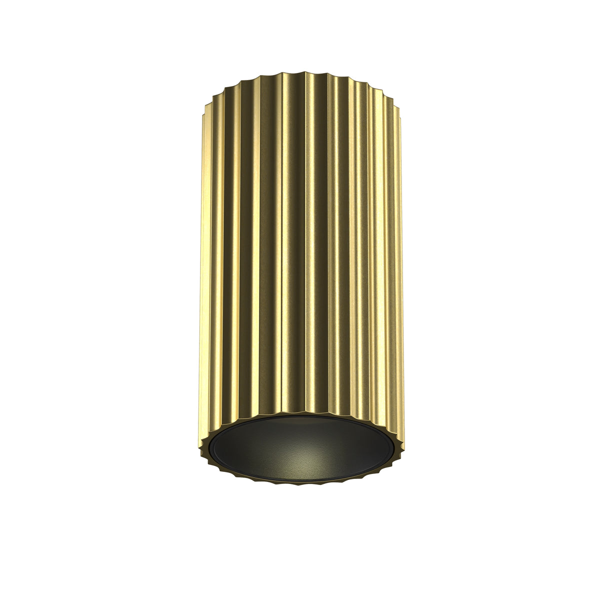 Maytoni Calipso Ring flush-mount ceiling light with a cylindrical fluted brushed brass shade and recessed dark grey diffuser, shown on a white background.