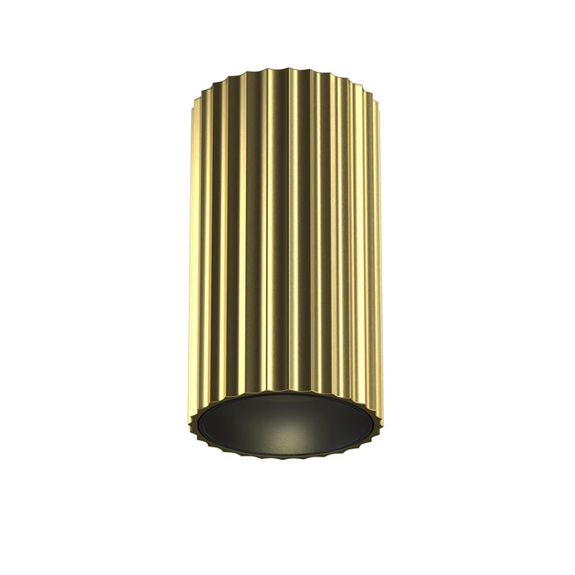 Maytoni Calipso Ring flush-mount ceiling light with a cylindrical fluted brushed brass shade and recessed dark grey diffuser, shown on a white background.