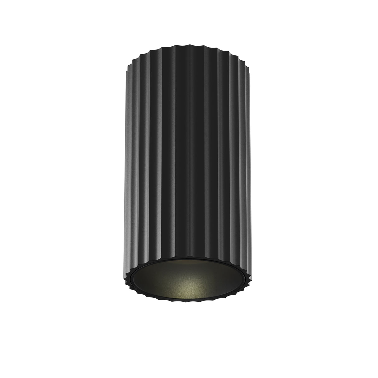 Maytoni Calipso small cylindrical ceiling downlight in matt black with vertical fluted aluminium exterior and GU10 fitting, shown on a plain white background.
