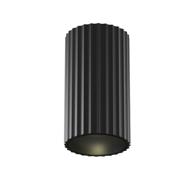 Maytoni Calipso small cylindrical ceiling downlight in matt black with vertical fluted aluminium exterior and GU10 fitting, shown on a plain white background.