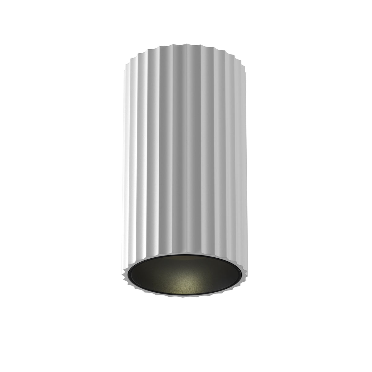 Maytoni Calipso 100mm ceiling light in white aluminium with fluted cylindrical body and recessed black GU10 aperture, shown on a plain background.