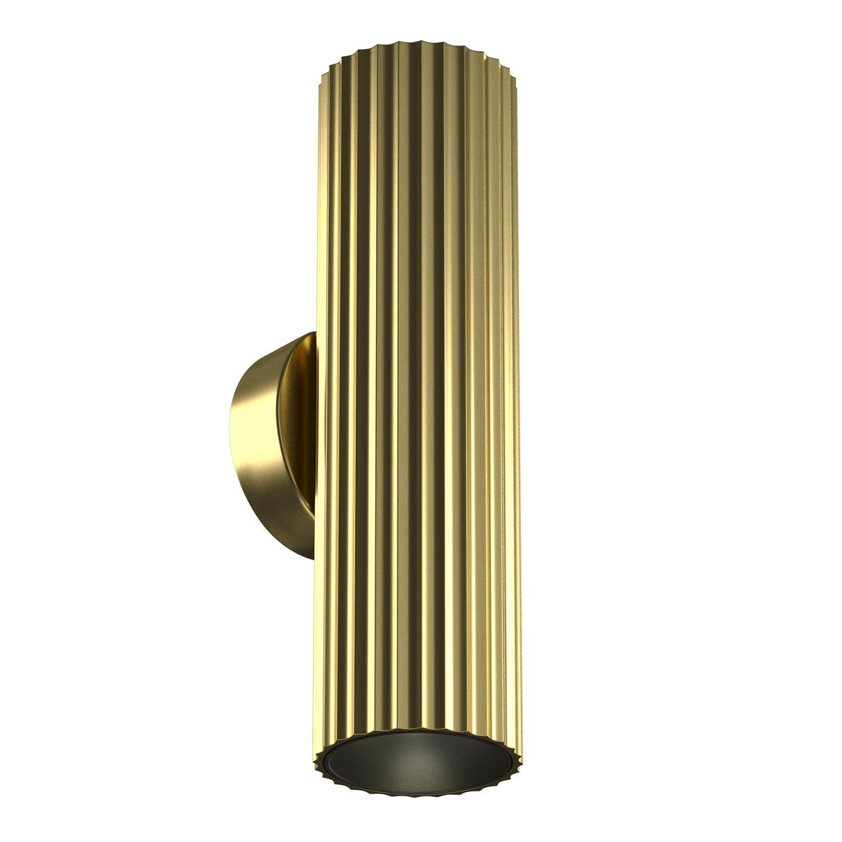 Maytoni Calipso fluted brass wall light with a ribbed cylindrical shade, circular wall plate, and black diffuser at the base, on a white background.