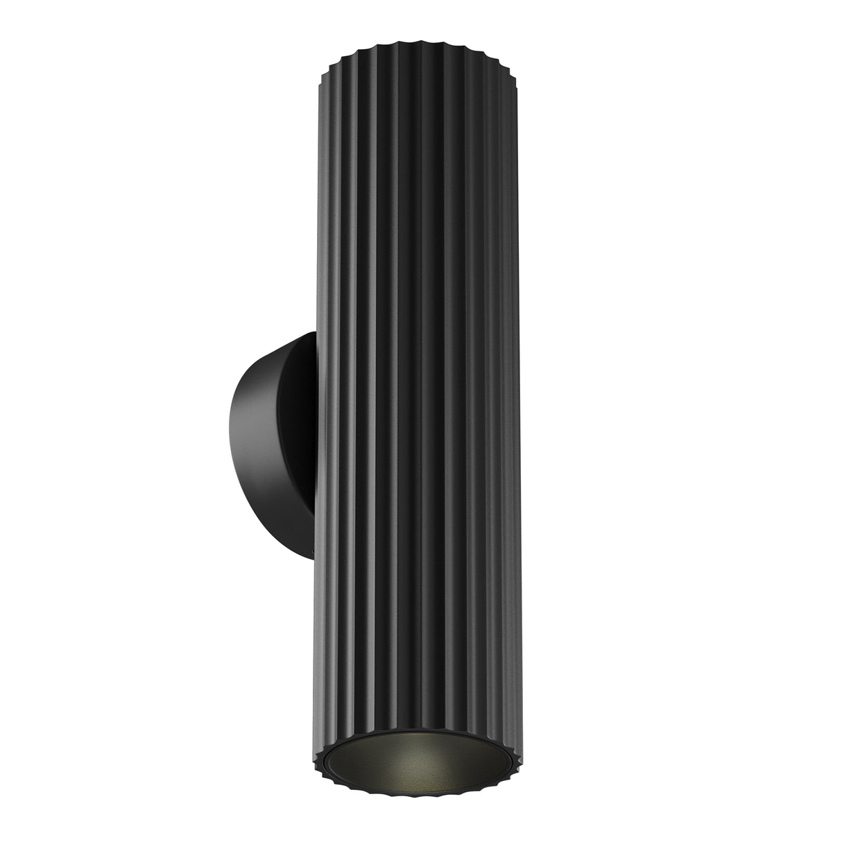 Maytoni Calipso 2 Light Ring Wall Light in matt black, a fluted cylindrical aluminium sconce with up and down GU10 fittings on a circular wall plate.