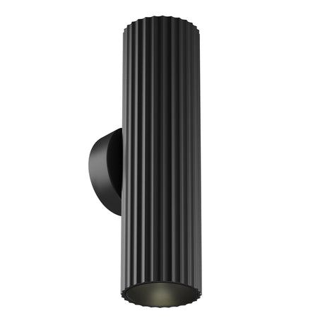 Maytoni Calipso 2 Light wall light in matt black, a fluted cylindrical aluminium fitting with up and down GU10 lamps on a circular wall plate.
