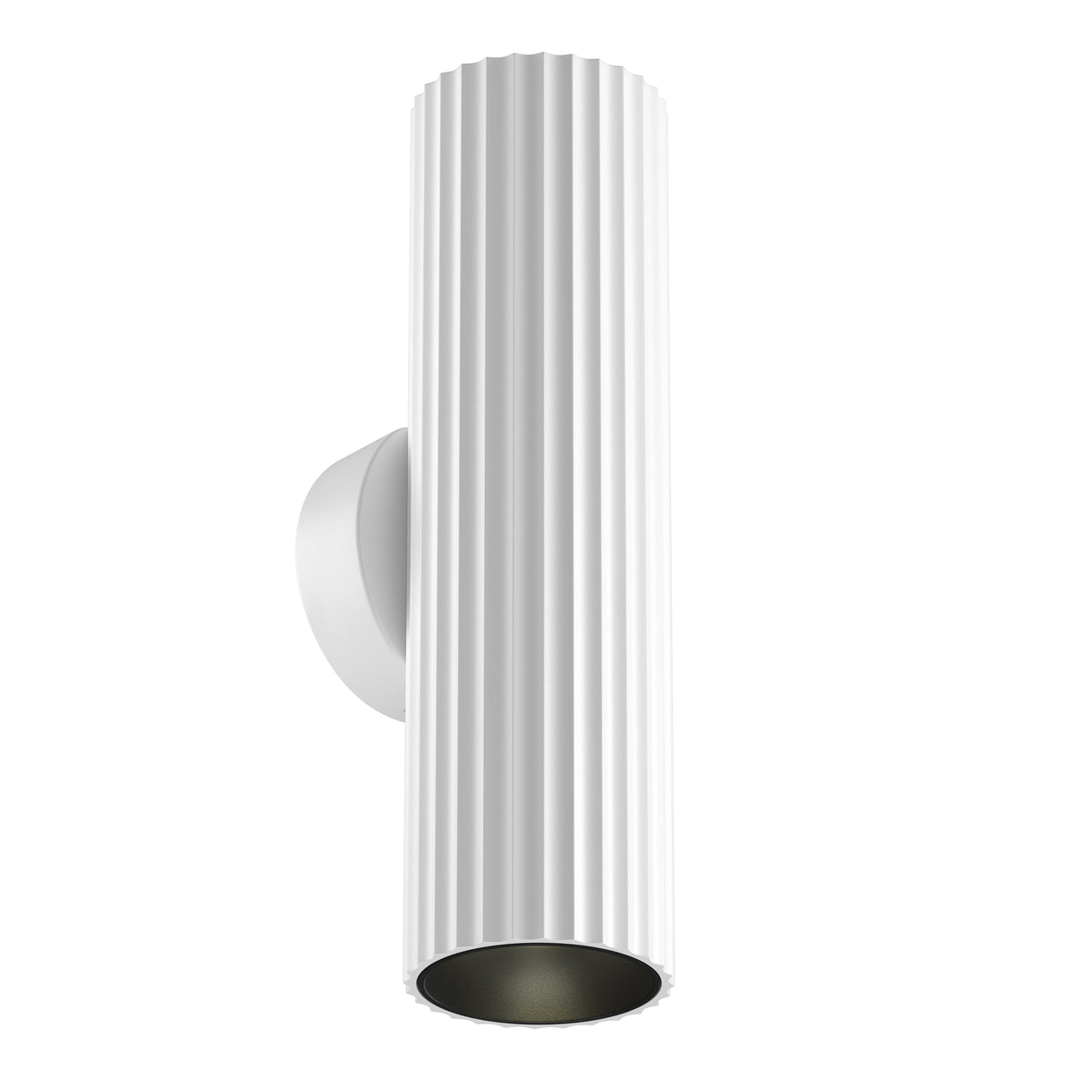 Maytoni Calipso 2 Light Wall Light in white, a fluted aluminium cylinder with up and down GU10 fittings on a round wall plate, shown on white.
