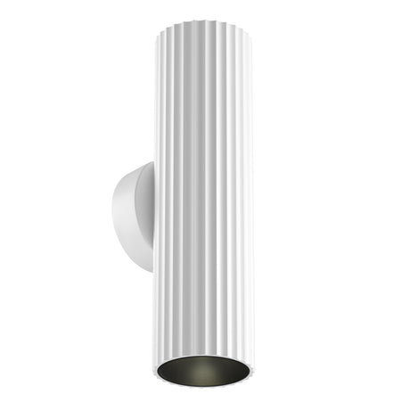 Maytoni Calipso 2 Light LED Wall Light in white, a fluted aluminium cylinder with up and down GU10 fittings on a round wall plate, on white.