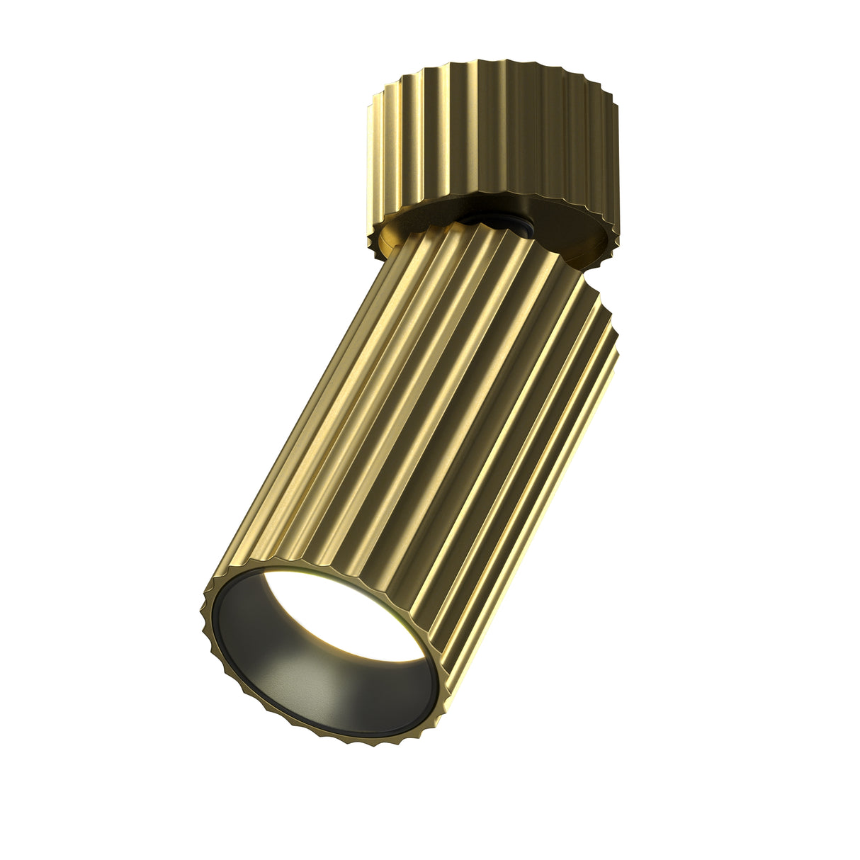 Maytoni Calipso Cluster ceiling light in brass, a ribbed cylindrical spotlight with adjustable tilting head on a round ceiling plate.