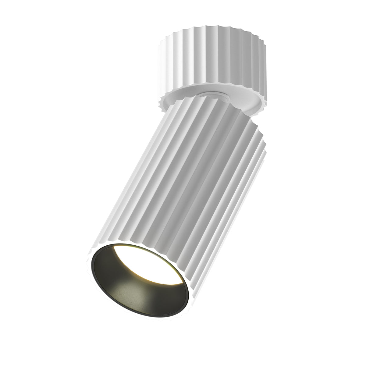 Maytoni Calipso ribbed cylindrical ceiling spotlight in white powder-coated aluminium with adjustable tilting head and black inner reflector, 137mm.