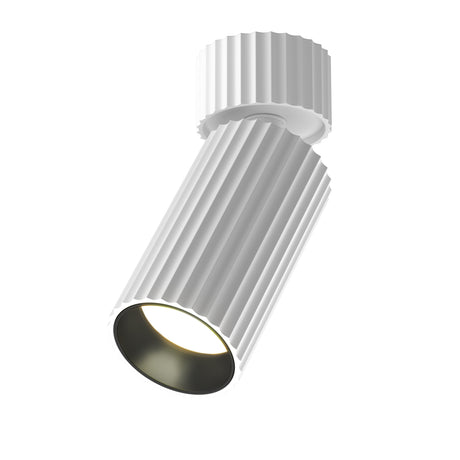 Maytoni Calipso 137mm ribbed cylindrical ceiling spotlight in white powder-coated aluminium with adjustable tilting head and black inner reflector.