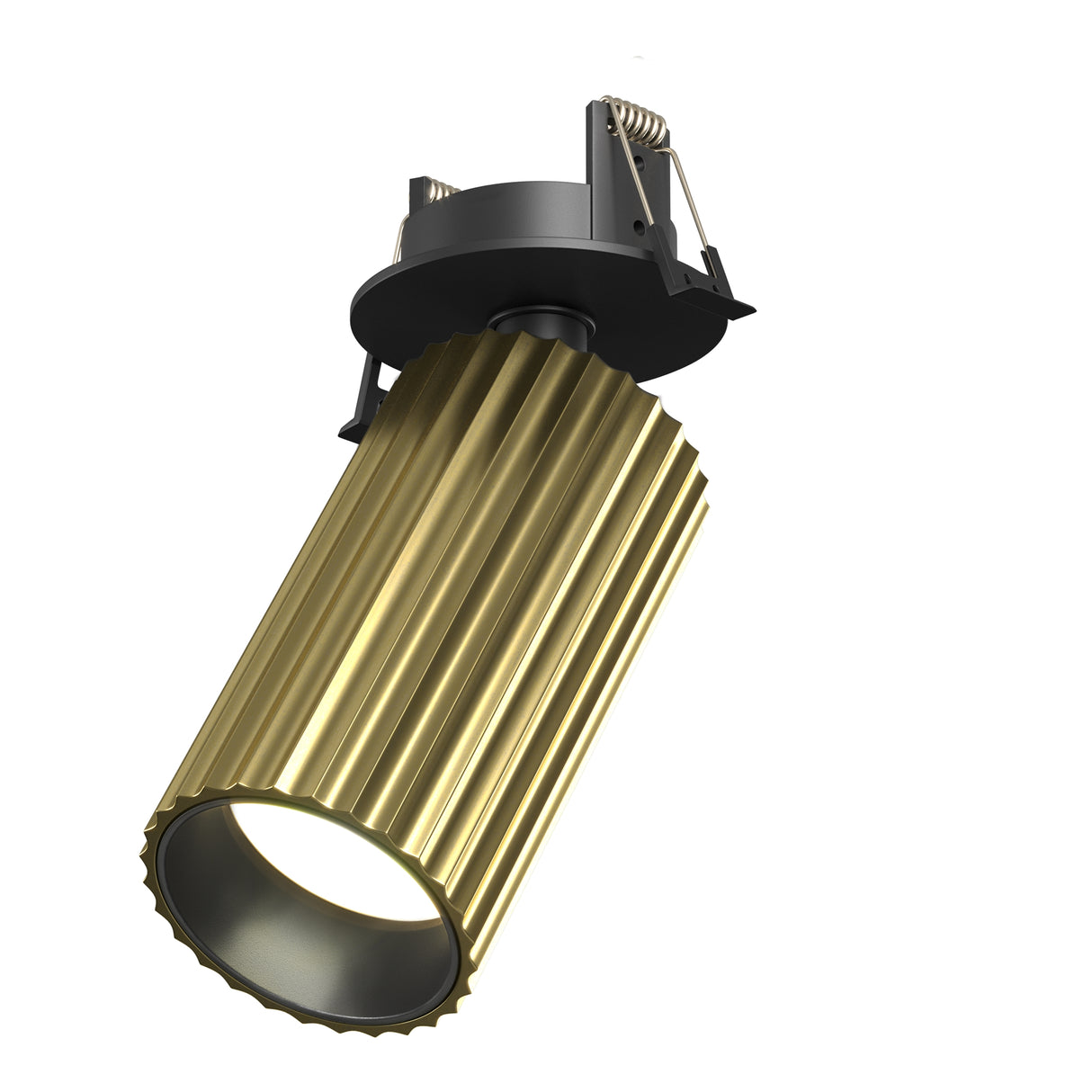 Maytoni Calipso recessed downlight with a brass fluted reflector tube and black aluminium ceiling trim with mounting springs, on a white background.