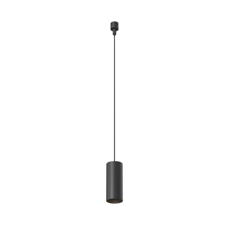 Maytoni Focus LED track pendant in black aluminium, small cylindrical shade suspended by cable from a track-mounted canopy, shown on a white background.