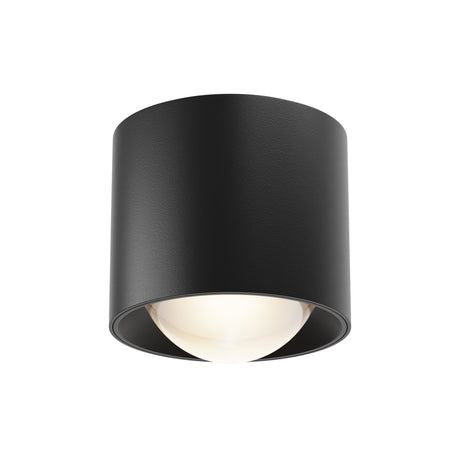 Maytoni Lens LED ceiling light in black, a compact 75mm cylindrical surface-mounted downlight with integrated bulb, shown on a white background.