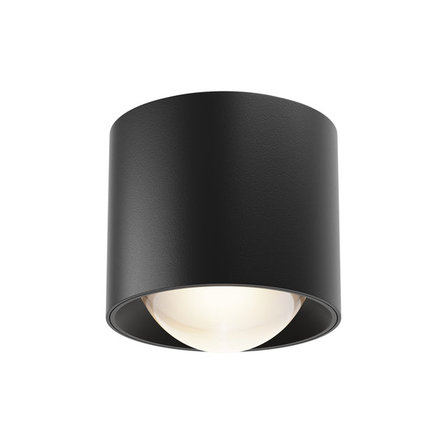 Maytoni Lens Fabric LED ceiling light in matte black, a small 75mm cylindrical surface-mounted downlight with integrated bulb, on a white background.