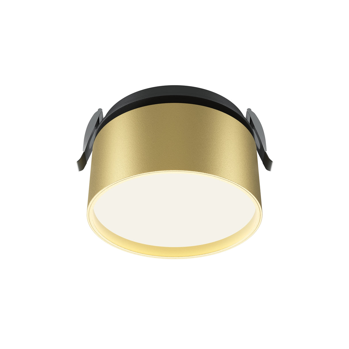 Maytoni Onda recessed LED downlight with matt black outer trim, brushed gold cylindrical bezel and frosted white diffuser, shown on a plain background.
