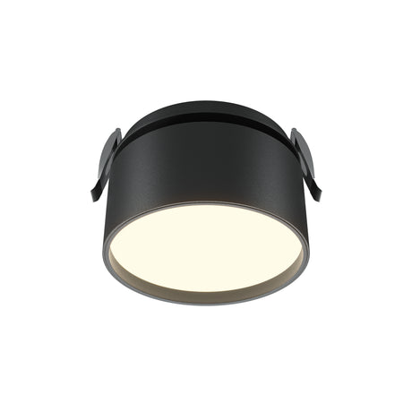Maytoni Onda recessed LED downlight in black aluminium with cylindrical bezel, frosted diffuser and side spring clips, on a white background.