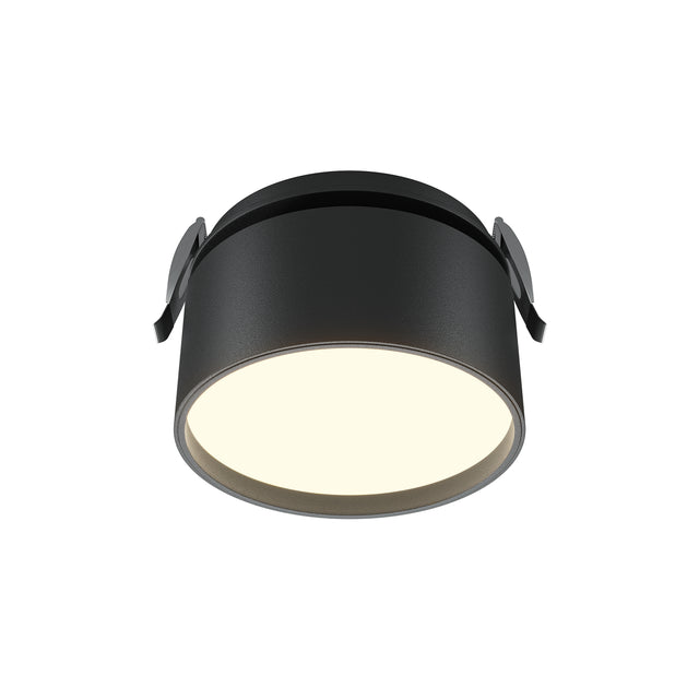 Maytoni Onda 85mm recessed LED downlight in black aluminium with cylindrical bezel, frosted diffuser and side spring clips, shown on a white background.
