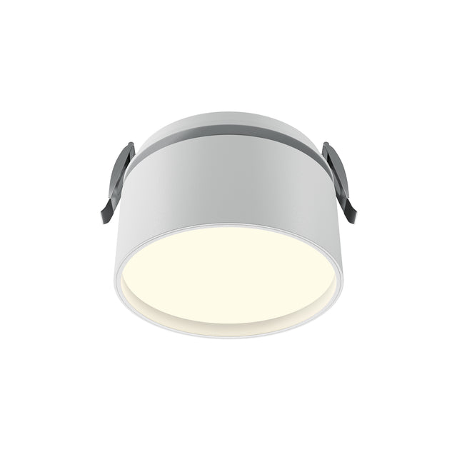 Maytoni Onda recessed downlight in white with cylindrical aluminium housing, frosted diffuser and side spring clips, shown on a plain background.