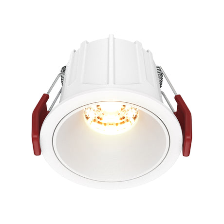 Maytoni Alfa 10W 2700K LED recessed downlight with white aluminium trim and red spring-loaded mounting clips, shown illuminated on a white background.