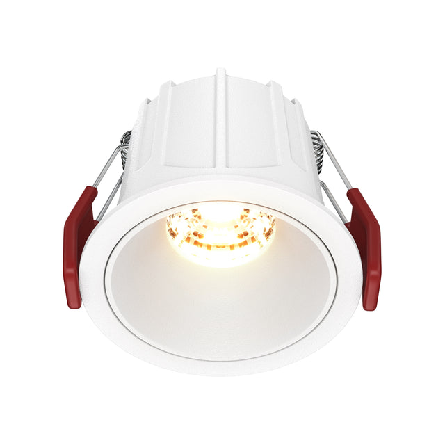 Maytoni Alfa 10W 2700K LED recessed downlight with white aluminium trim and red spring-loaded mounting clips, shown illuminated on a white background.