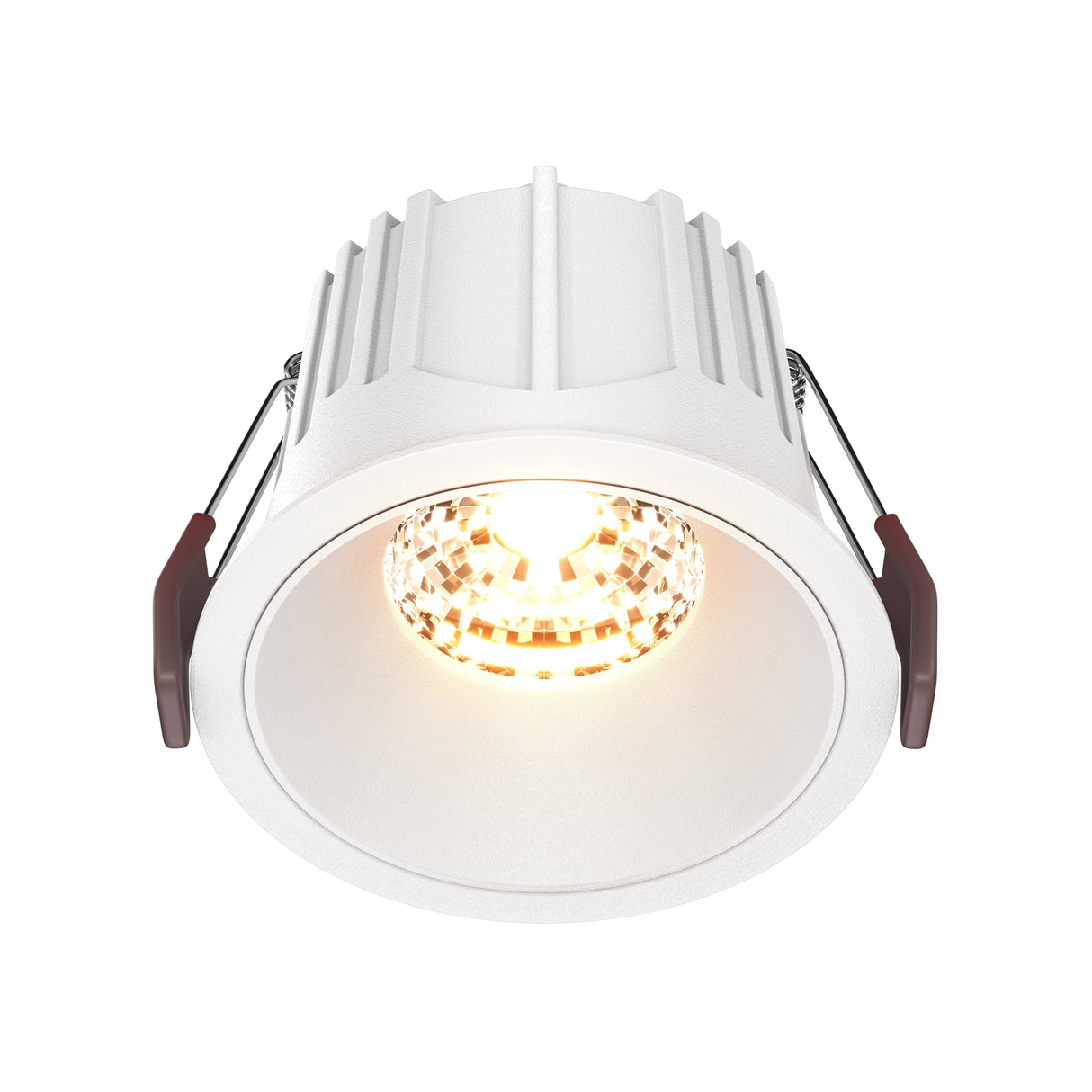 Maytoni Alfa 15W 2700K LED recessed downlight in white with finned aluminium housing and illuminated warm white lens, shown on a plain background.
