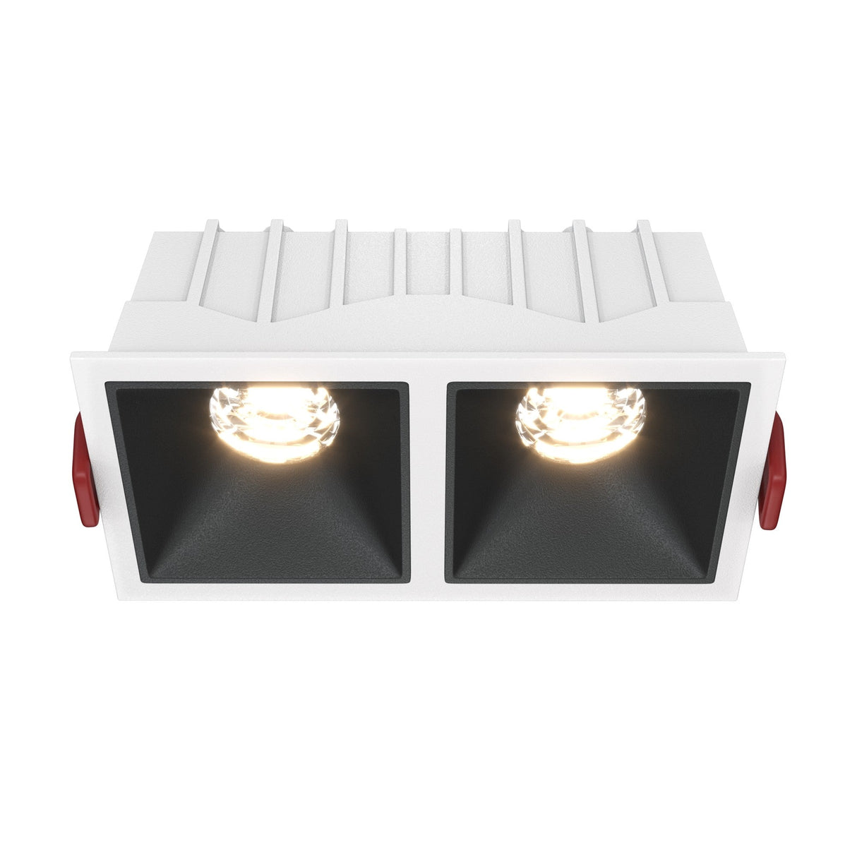 Alfa LED Dimmable Fixed Square Recessed Twin Downlight in white and black, offering adaptable lighting for any space.