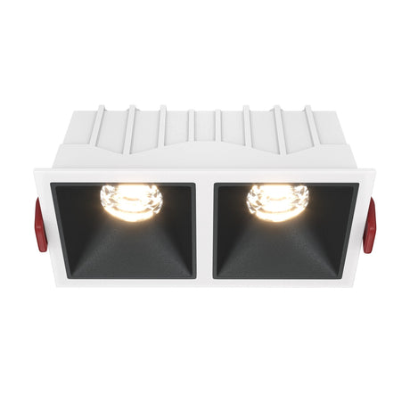 Alfa LED Dimmable Fixed Square Recessed Twin Downlight in white and black, offering adaptable lighting for any space.