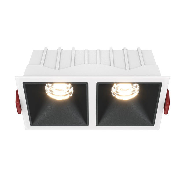 Alfa LED Dimmable Fixed Square Recessed Twin Downlight in white and black, offering adaptable lighting for any space.
