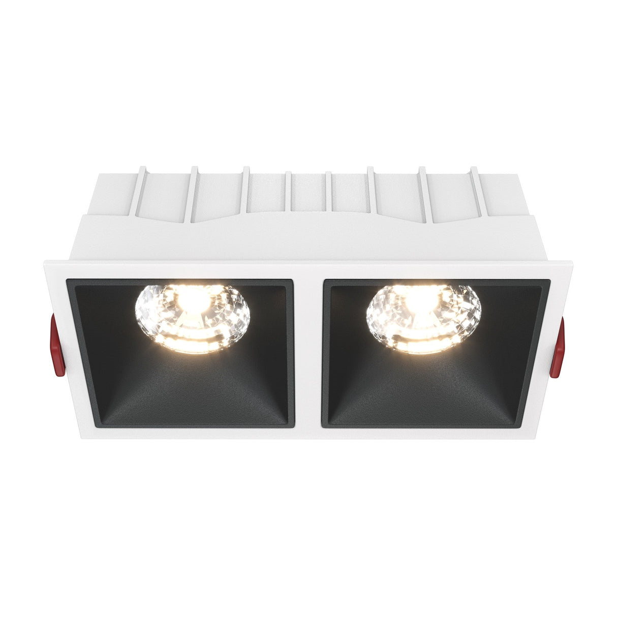 Alfa LED Dimmable Fixed Square Recessed Twin Downlight in white and black, suited for both modern and classic interiors.