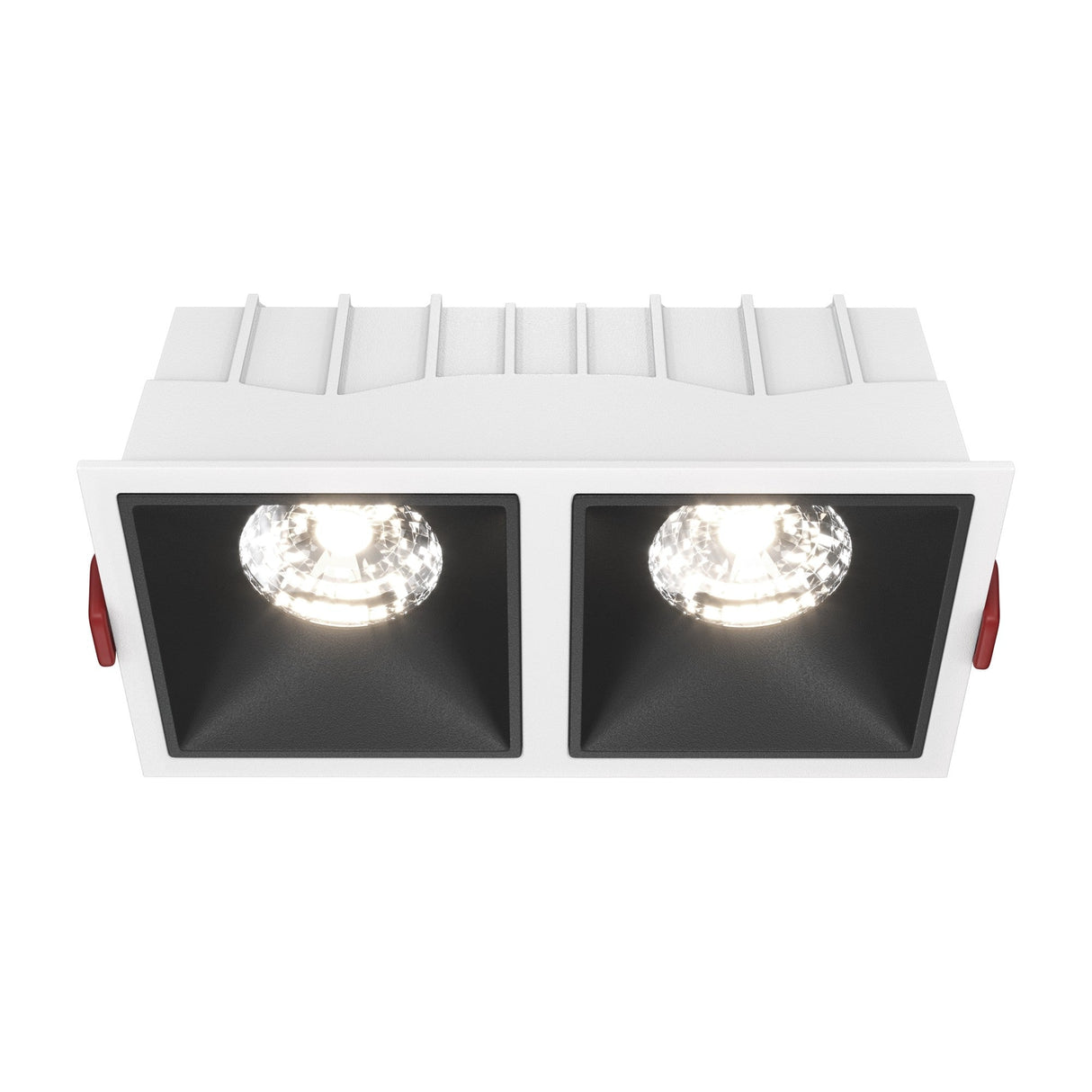 Alfa LED Dimmable Fixed Square Recessed Twin Downlight in white and black, perfect for modern, versatile lighting.