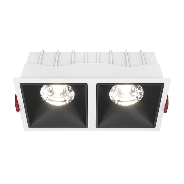 Alfa LED Dimmable Fixed Square Recessed Twin Downlight in white and black, perfect for modern, versatile lighting.